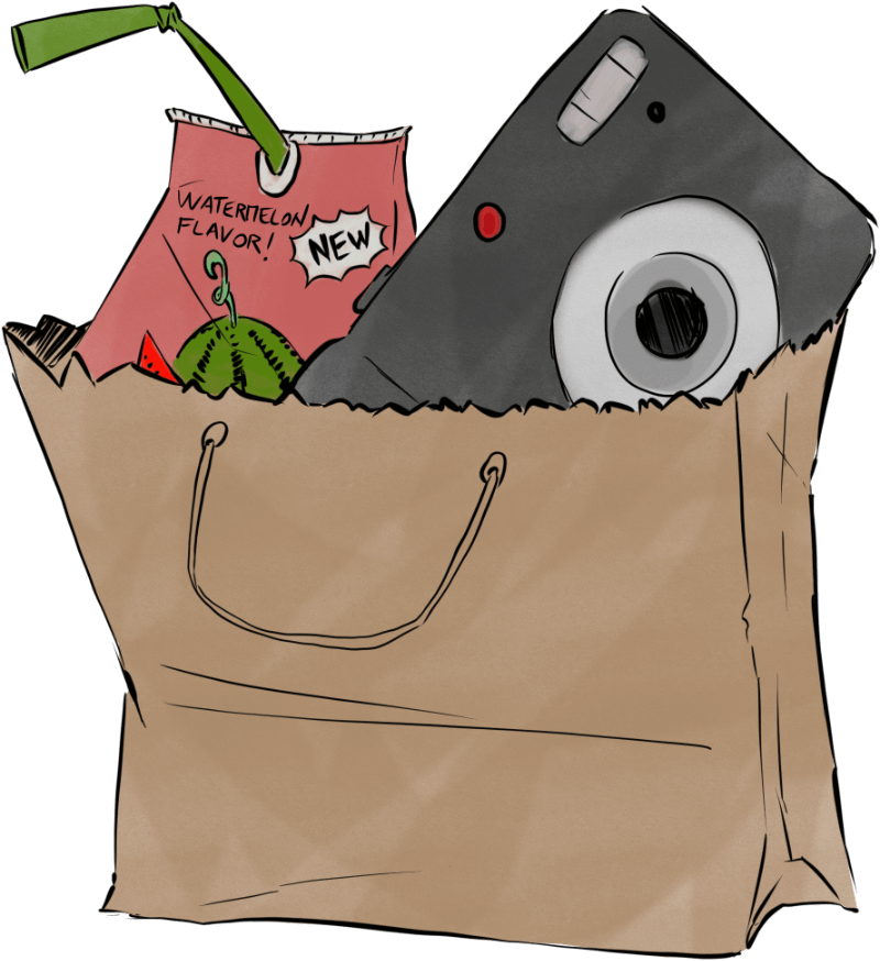 Shopping bag with juice packs and a handheld camera